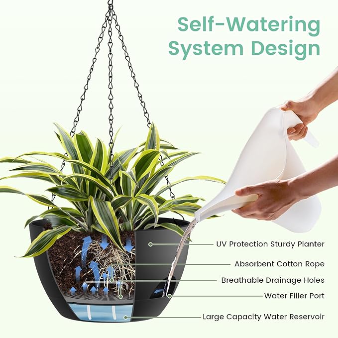 4 Pack 8 Inch Self Watering Hanging Planters for Indoor Outdoor Plants，Hanging Pots for Plants with Drainage Removable Tray, Hanging Baskets Flower Pots for Ivy Pothos Spider Garden Porch Black UOUZ