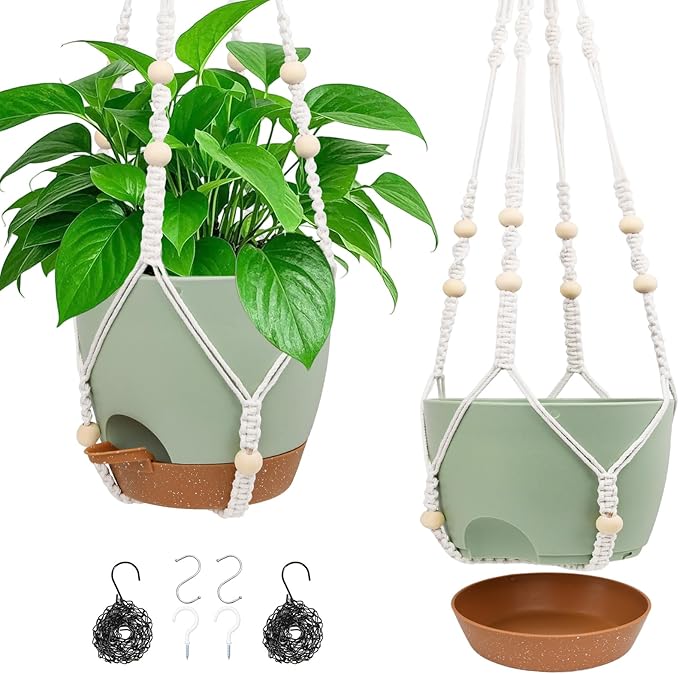 Hanging Planters for Indoor Outdoor Plants, 2 Pack Self Watering Hanging Pot with Drainage Holes, Removable Tray & 2 Kinds of Plant Hangers, 8'' Hanging Flower Pots for Home Garden Decor, Green Vanslogreen