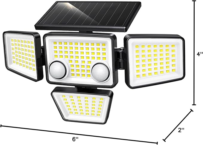 Solar Outdoor Lights - 3000LM 188 LED Motion Sensor Outdoor Lights, 4 Heads IP65 Waterproof Powered Security Flood Lights, 270°Wide Lighting Angle Wall Light with Sensors for Backyard Yard LYWALT