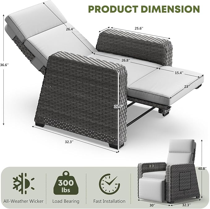 WACASA Outdoor Recliner Chair with Independent Dual-Control – 150° Lay-Flat Wicker Patio Armchair with Air Pump, Flip-Up Side Table, Extended Footrest & 5" Thick Fade-Resistant Olefin Cushions WACASA