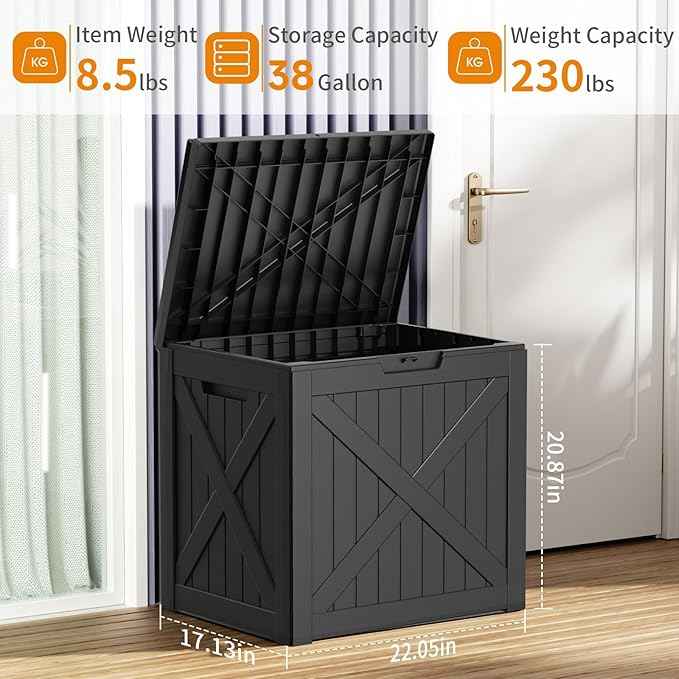 ROJIK Outdoor Storage Housing Deck Box - Waterproof Patio Furniture, Garden Tools, Cushions, Pool Accessories Storage Bench with Lockable Lid and Side Handles (Black 38 Gal)