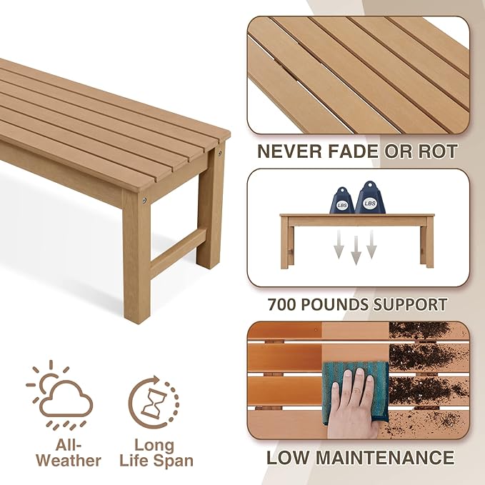 Psilvam Outdoor Bench, Two Person Poly Lumber Porch Bench, Weatherproof Garden Bench That Never Rot and Fade, All-Weather Patio Bench Suit for Garden, Porch, and Park (Teak Color) PsilvamGardenFurniture