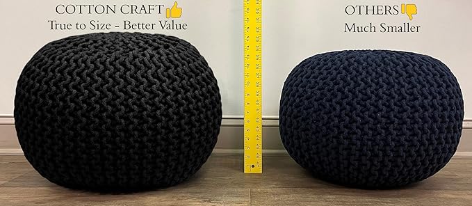 COTTON CRAFT - Hand Knitted Cable Style Dori Pouf - Blue - Floor Ottoman - Cotton Braid Cord - Handmade & Hand Stitched - Truly one of a Kind Seating - 20 Dia x 14 High COTTONCRAFT