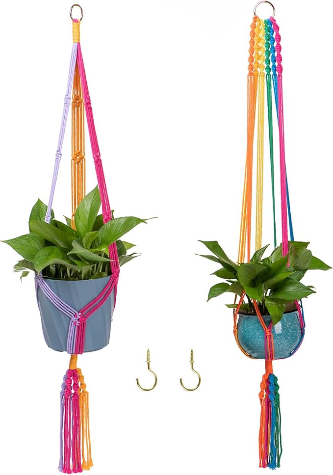 Rainbow Colorful Macrame Plant Hanger with 2 Hooks, Hanging Plant Holder Indoor Outdoor, Handmade Cotton Rope for Boho Room Decor Hanging Ceiling Decor，2 Pack HOWMAX