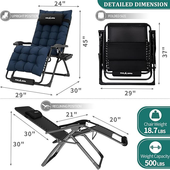 UDPATIO Oversized Zero Gravity Chair 29In XL Patio Reclining Chair with Cushion, Outdoor Folding Adjustable Recliner with Cup Holder, Foot Rest & Padded Headrest, Support 500LB, Navy UDPATIO
