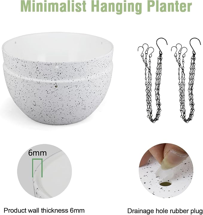 10 inch Hanging Planters for Indoor Outdoor Plants, 2 Pack Hanging Flower Pots with Drainage Holes and Chain for Garden Porch, Plastic Hanging Baskets for House Plants, Speckled White Meowell