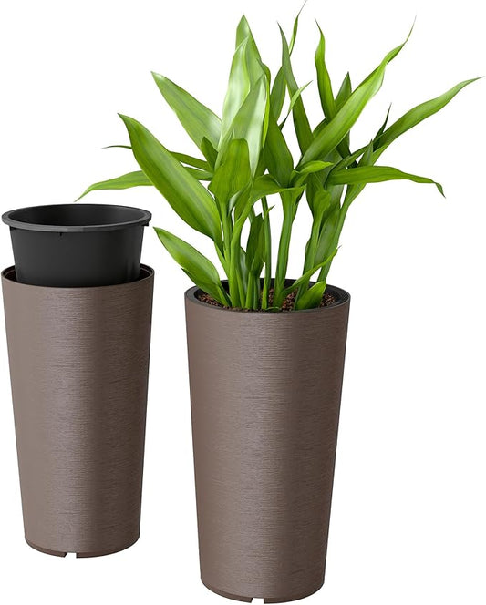 Outsunny 29 Inch Tall Planters for Outdoor Plants, Set of 2 Plastic Flower Pots with DIY Drainage Holes, Stackable Large Planters for Indoor Plants, Front Porch Decor, Brown Outsunny