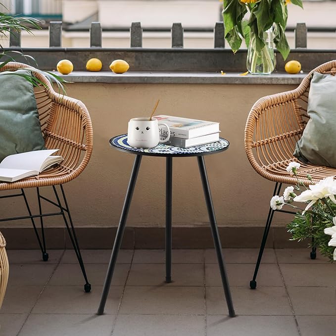 1 Pack Metal Outdoor Side Table Small Outside Round End Table for Patio Modern Accent Garden Corner Table for Small Spaces, Balcony, Porch, Weather-Resistant, Plant Stand Indoor, Round Mosaic PartyZealot