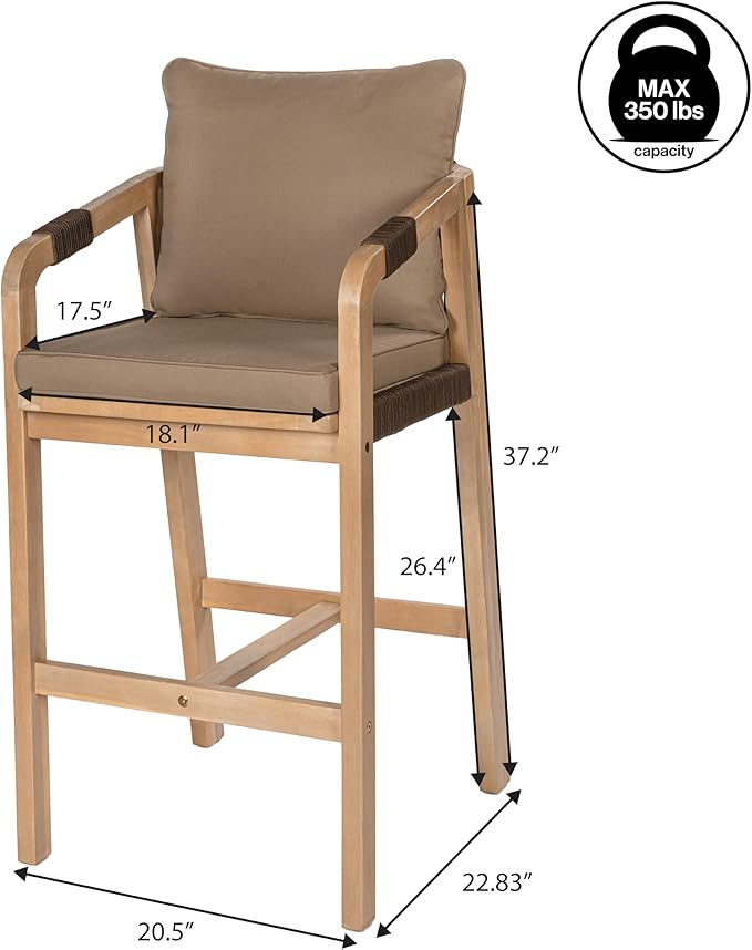 JONATHAN Y BSL1200C-SET2 Porto Modern Coastal Tub Roped Acacia Wood Outdoor Bar Stool with Cushions and Armrests, for Patio, Lawn, Backyard, Deck, Brown/Light Teak (Set of 2) JONATHANY