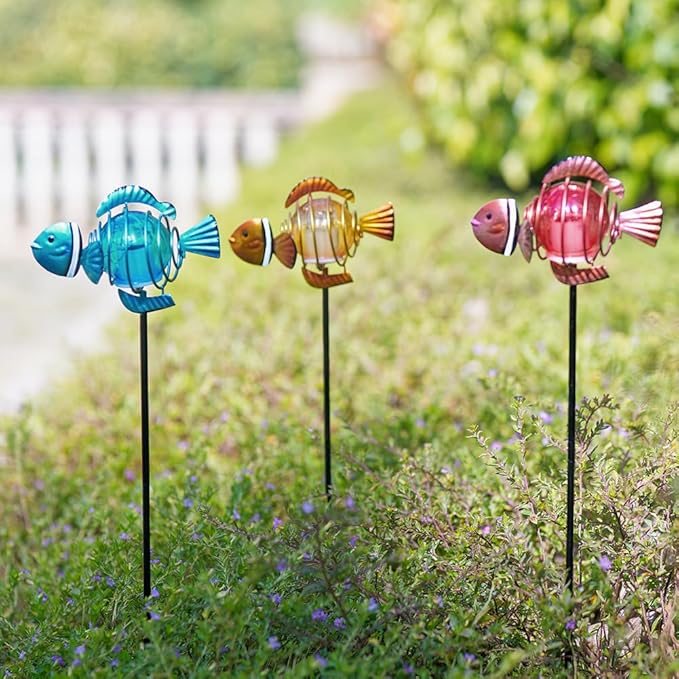 Fish 3Pack 21.3''H Outdoor Figurine Lights, Multicolor Clownfish Solar Garden Decor with Led Lights, Decorative Garden Stake for Yard, Patio, Lawn SATHGA