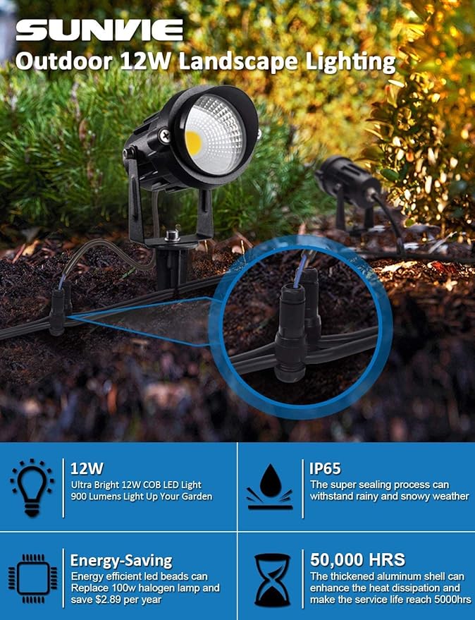 SUNVIE 12W Low Voltage LED Landscape Lights with Connectors, Outdoor 12V Super Warm White (900LM) Waterproof Garden Pathway Lights Wall Tree Flag Spotlights with Spike Stand (12 Pack with Connector) SUNVIE
