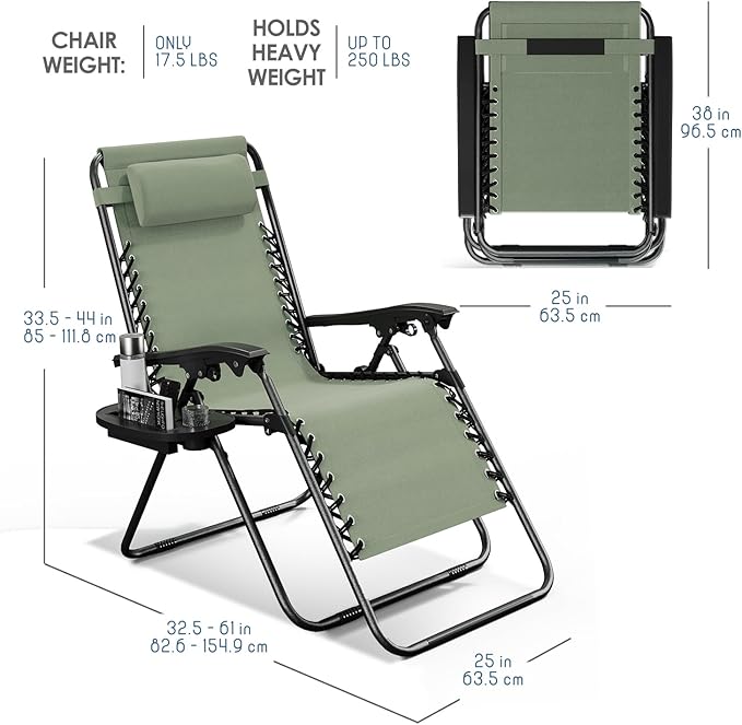 Nestl Zero Gravity Chairs Set of 4, Patio Lounge Chair Outdoor with Pillows & Cup Holder Trays, Adjustable Steel Mesh Reclining Camping Chair, Folding Patio Lawn Chair for Deck, Beach - Sage Green Nestl