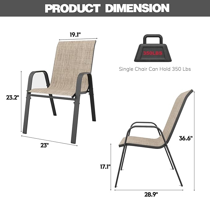 Patio Chairs Set of 4, Stackable Outdoor Dining Chairs for All Weather Textilene Fabric & Metal Frame, Outdoor Chairs Set for Backyard Deck Garden (Brown, Set of 4) Vimstora