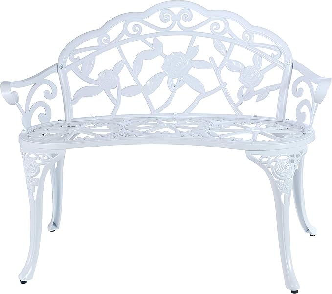 Mandolin Outdoor Benc Park Garden Chair,All Chair Anti Rust Cast Aluminum Patio Yard Bench,Carved Rose Loveseat Bench for Backyard .Porch.Balcony.Lawn (White) Rootora