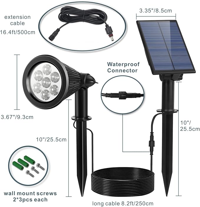 Solar Spotlight Outdoor, Spot Light with Separate Solar Panel ＆ 24.6ft Long Waterproof Cable, Bright 7-LED Ground Flag Pole Light, Dusk-to-Dawn Landscape Lighting for Flag, House, Tree, Garden (White) SFSUNFUNY
