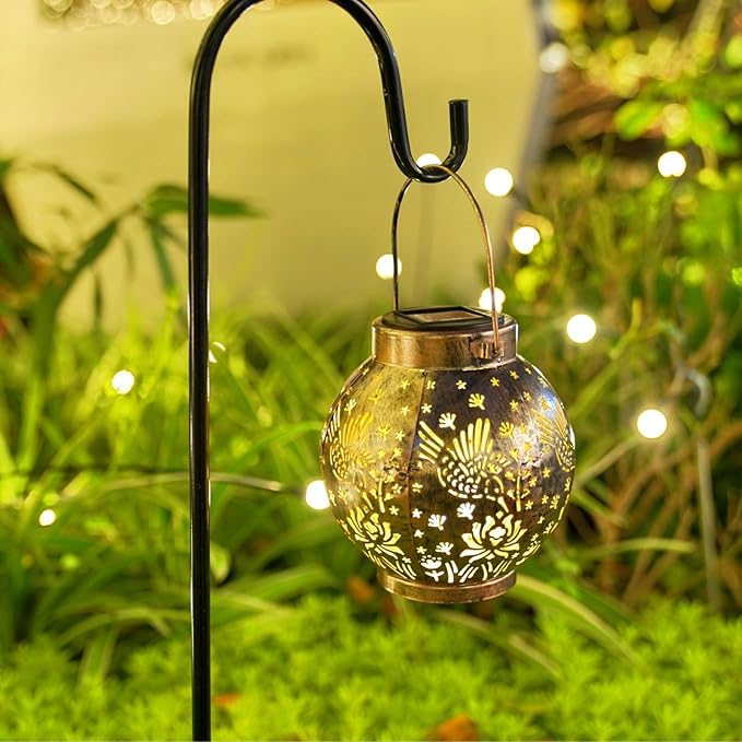 2 Pack Outdoor Solar Hanging Lantern Lights Metal LED Decorative Lamp for Garden Patio Courtyard Lawn and Table with Hollowed-Out Design (Bronze Hummingbird) ExcMark