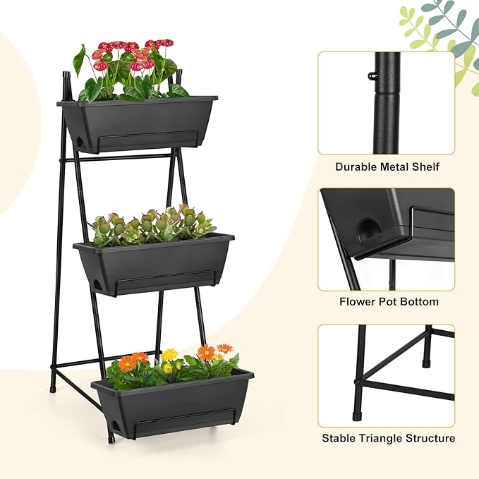 3 Tier Vertical Garden Planter Small Raised Garden Bed Freestanding Plastic Raised Planter Boxes Herb Planter Stand with Removable Tray for Indoor Outdoor Herbs Flowers Vegetables Plants Grey BTY