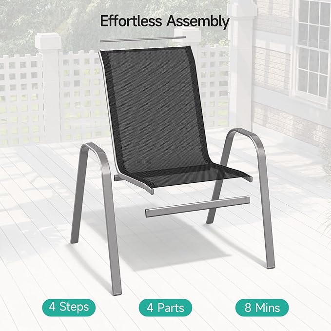 Patio Chairs Set of 6, Easily Set Up Stackable Outdoor Dining Chairs with High Back and Wide Seat, All Weather Breathable Outdoor Chairs Set of 6 with Metal Frame for Backyard Deck Pool, Black Dovov