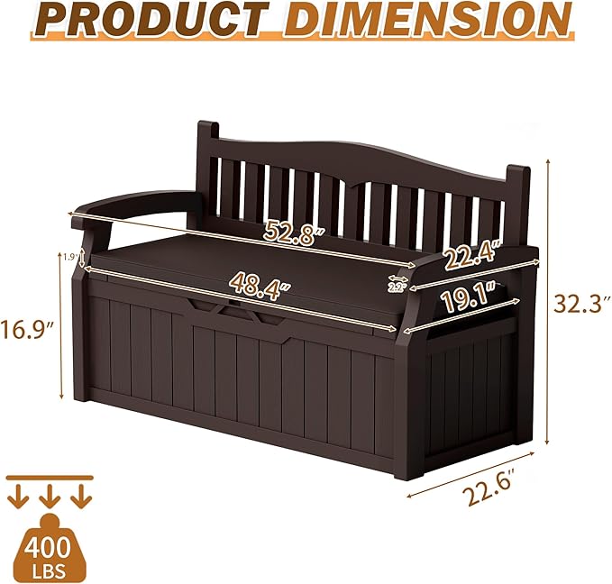 Devoko 80 Gallon Storage Bench with Cushion, Lockable Deck Box for Patio Furniture, Garden Decor and Outdoor Seating for Cushions, Garden Tools and Pool Supplies (Dark Brown, 80 Gallon with Cushion) DEVOKO