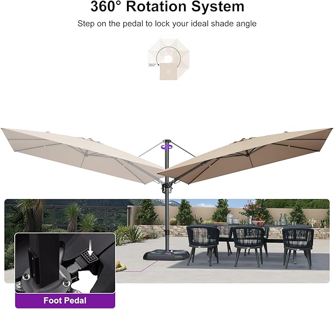 PURPLE LEAF 11' X 8' Left-right Tilting Patio Umbrella Outdoor Cantilever Swivel Rectangle Umbrella with Tilt Aluminum Offset Umbrella with 360-degree Rotation for Garden Deck Pool Patio Beige PURPLELEAF
