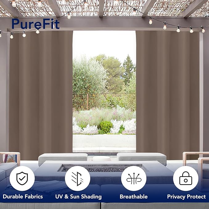 PureFit Outdoor Curtains for Patio Waterproof Weatherproof, UV Resistant Outside Curtains for Gazebo, Front Porch, Pergola, Sun Blocking Privacy Curtain, 52W x 95L inch, 1 Panel, Camel PureFit