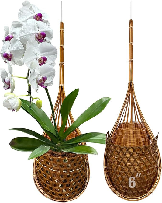 Handmade 100% Thai Bamboo Super Sanctuary Hanging Orchid Basket - 6 Inch Set of 2 Panwa