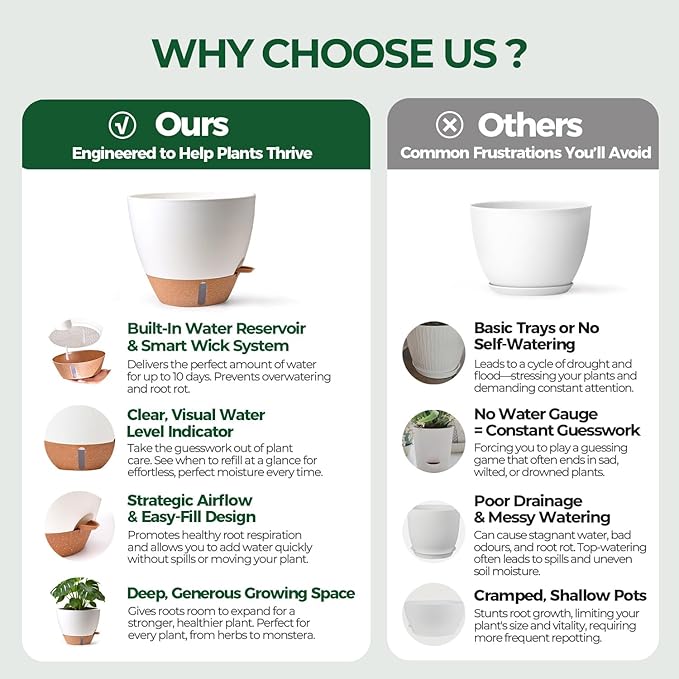 2 Pack 10 Inch Self Watering Pots - Water Level Indicator & Deep Reservoir, Mess-Free Planter for Busy People, Beginners & Gardeners, Fiddle Leaf Fig, Monstera, ZZ Plants, Indoor Outdoor Use (White) T4U