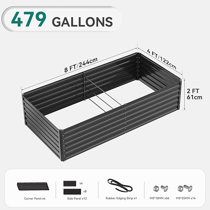 YITAHOME 8x4x2 ft 2pcs Galvanized Raised Garden Bed Kit, Large Metal Planter Box with Gloves, Safety Rubber & Support Rod, Outdoor Flower Bed for Plants Vegetables, Black YITAHOME