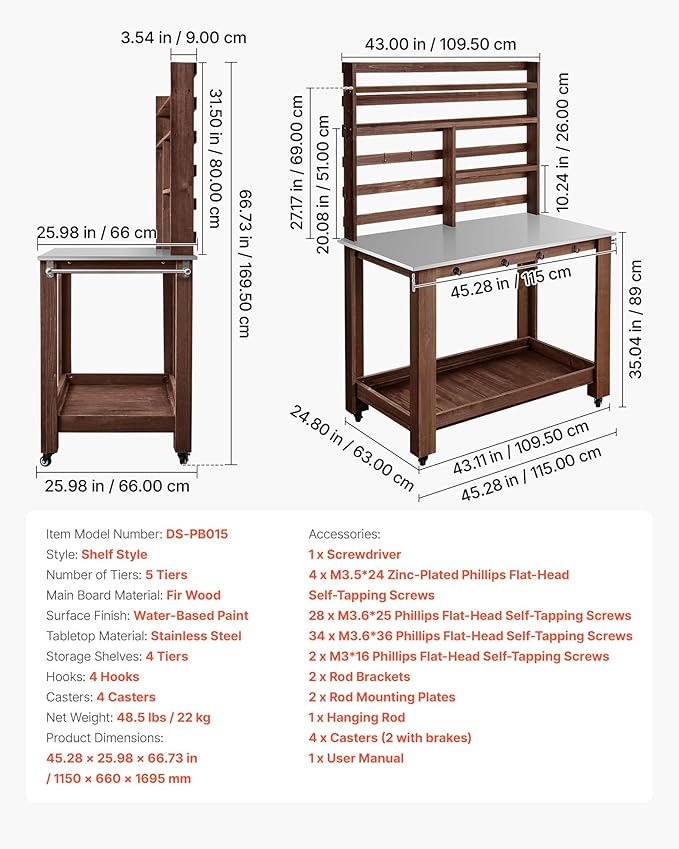 VEVOR Potting Bench Table, Outdoor Gardening Workstation with 45 x 26 in Stainless Steel Tabletop, Storage Shelves, 4 Casters, Hooks, Garden Planting Work Station for Outside Patio, Backyard, Brown VEVOR