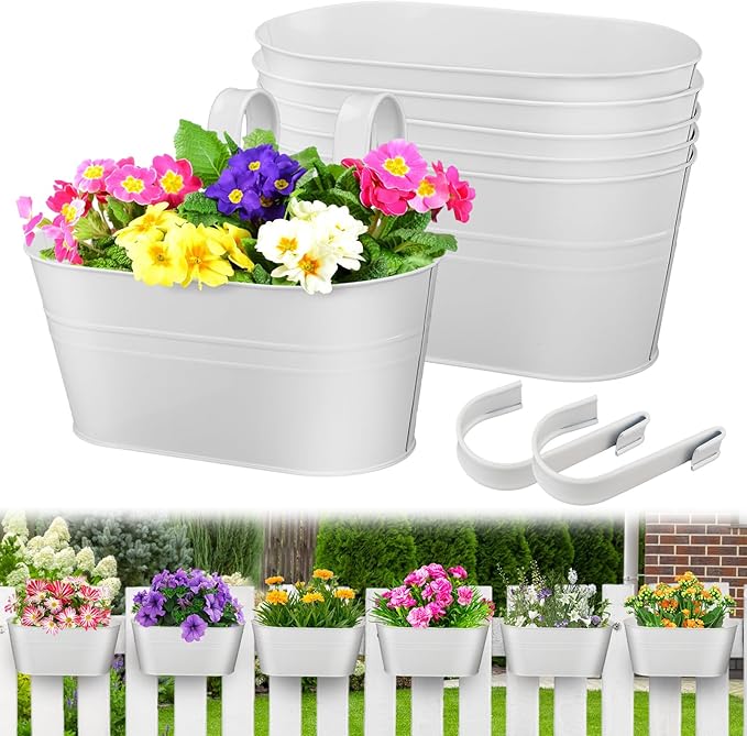 MADHOLLY Railing Planter with Drainage Holes - 6Pcs Sturdy Bucket Pots for Railing Fence, Countryside Style Metal Flower Pots for Herbs Balcony Garden Yard Decor, White MADHOLLY