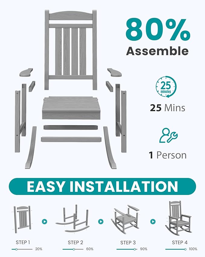 SERWALL HDPE Outdoor Rocking Chair Set of 2, Oversized Patio Rocking Chairs, All-Weather Porch Rockers for Adults, Light Gray SERWALL