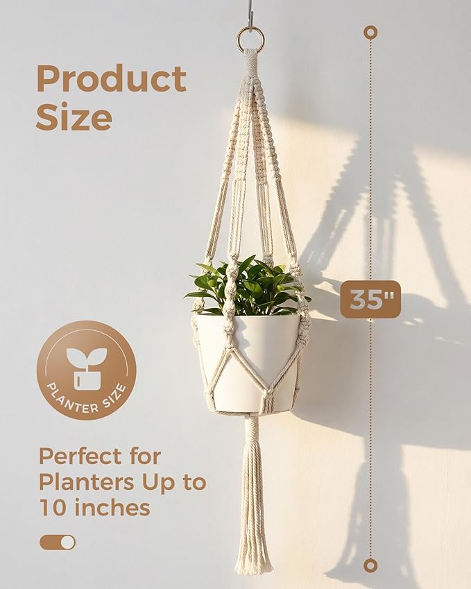 Bamworld Macrame Plant Hanger Indoor Hanging Planter for Plants Hanging Plant Basket Macrame Wall Hanging Planters Boho Decor Home Room Decor Aesthetic 36 Inches Ivory, Set of 2 Bamworld