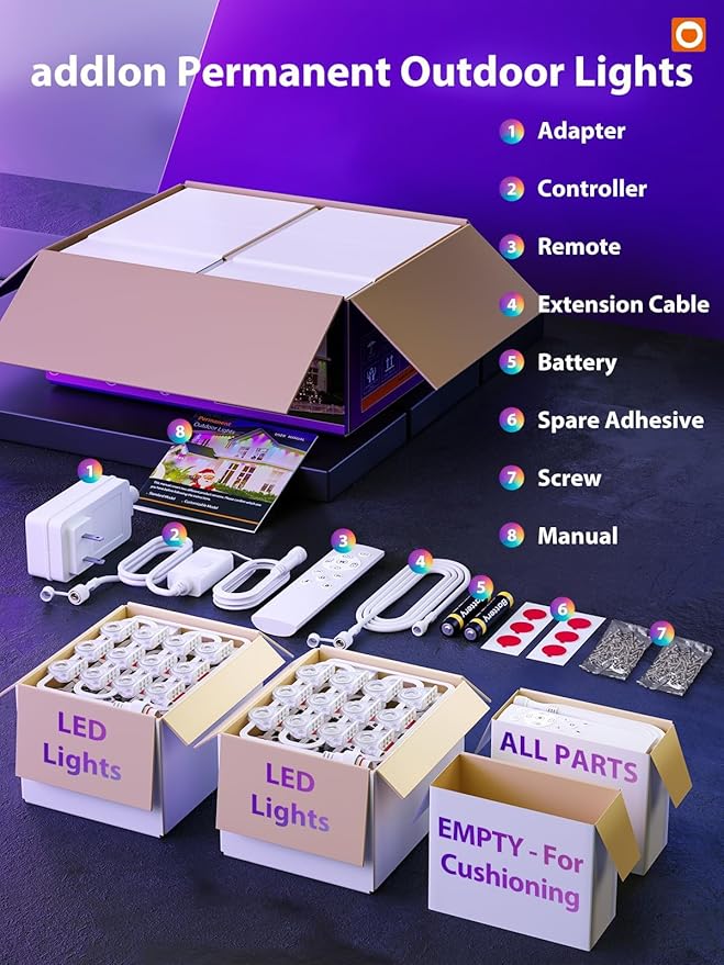 addlon Permanent Outdoor Lights, Smart RGB+IC LED Lights for House & Outdoor Decor, App & Remote Control, Scene Modes, IP67 Waterproof for Christmas, Holiday, Valentine's Day Decorations, 200FT addlon