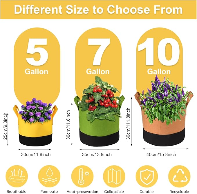 Grow Bags 10 Gallon,6 Pack Fabric Plant Pots with Handles Planter Bag for Outdoor Garden Planting Vegetables Flowers Fruit SouilGoal