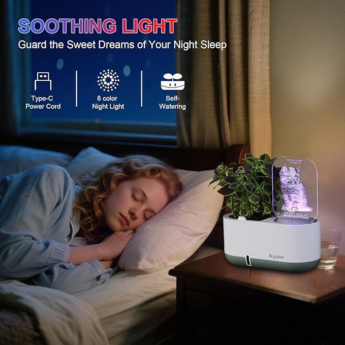 Self-Watering Plant Pot with LED Note Board & 7 Colors Pen Acrylic Message Board with Light Acrylic Dry Erase Board, Led Cat Board Night Light with Planting Pot for Christmas(No Plant&Seed) Dryades