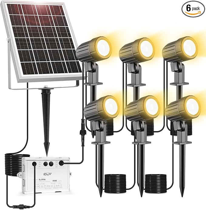 CLY 6 in 1 Solar Spot Lights Outdoor, 2700K Warm White Solar Spotlights Landscape Lights, IP66 Waterproof 59.06ft Cable Auto On/Off Garden Floodlight for Yard Lawn Tree Statue Pathway Decoration CLY