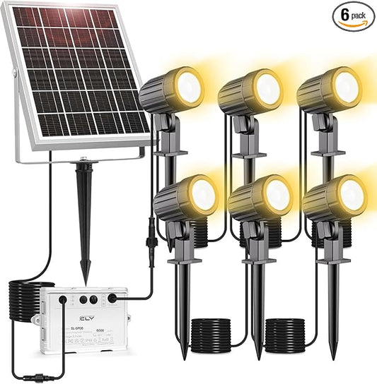 CLY 6 in 1 Solar Spot Lights Outdoor, 2700K Warm White Solar Spotlights Landscape Lights, IP66 Waterproof 59.06ft Cable Auto On/Off Garden Floodlight for Yard Lawn Tree Statue Pathway Decoration CLY