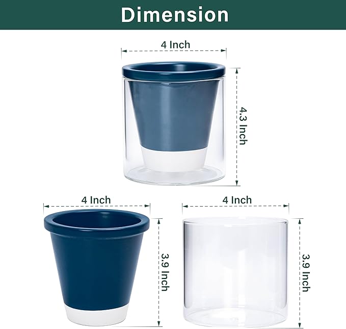 D'vine Dev 4 Inch Design Self Watering Planter for Indoor Plants, Blue Terracotta Pot with Cylinder Glass Cup, Set of 4, 37-Z-A-4-F DvineDevPlanterPotsandStand