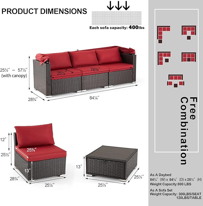 HOMREST 6 Pieces Patio Furniture Sets, Rattan Daybed with Retractable Canopy, Outdoor Sectional Sofa Set with Adjustable Backrest, Chaise Chair Sunbed for Garden Poolside Backyard(Red) HOMREST