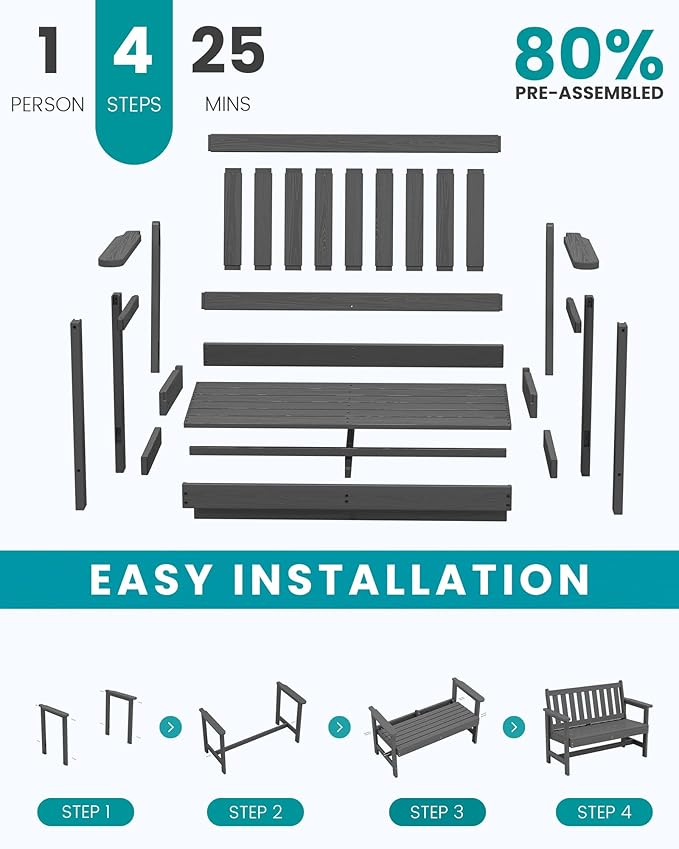 SERWALL Outdoor Bench, HDPE Outdoor Benches Weatherproof, 2-Person Garden Bench with 660 lbs Weight Capacity, Patio Benches for Outdoors, Garden, Porch, Backyard and Park, Grey SERWALL