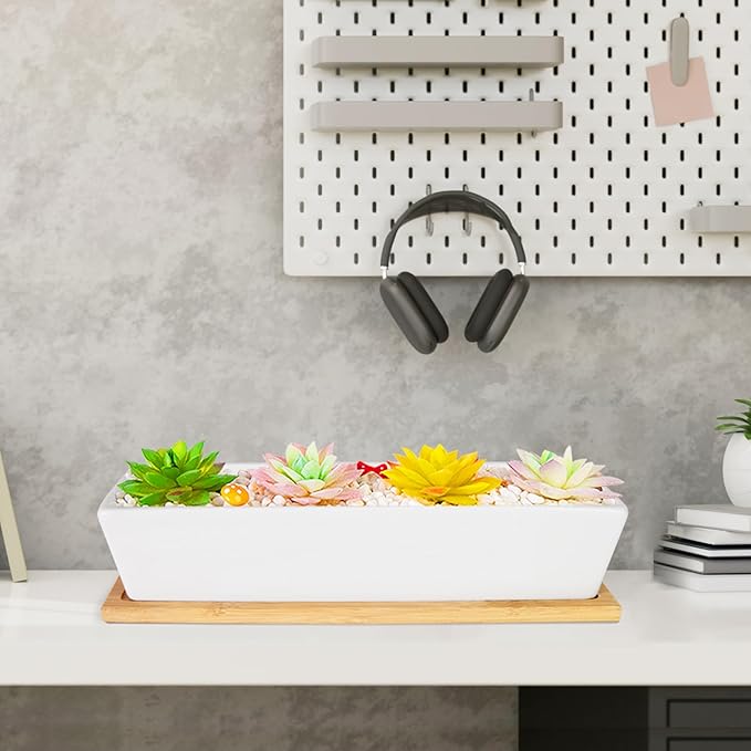 Succulent Pots - 12.1 Inch Large Succulent Pots with Drainage Tray, Window Sill Planter, Long Rectangle Ceramic Pots for Indoor Cactus/Succulent Plants Shallow Bonsai Window Box for Home Garden Decor ARTKETTY
