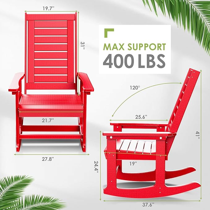 GREENVINES Outdoor Rocking Chair Set | 3-Piece | 2 Rocking Chairs with 1 Side Table | Porch Rocker | HDPE Plastic | Red | Patio Furniture Sets | High Back | Big & Tall | Ladder Back GreenVines