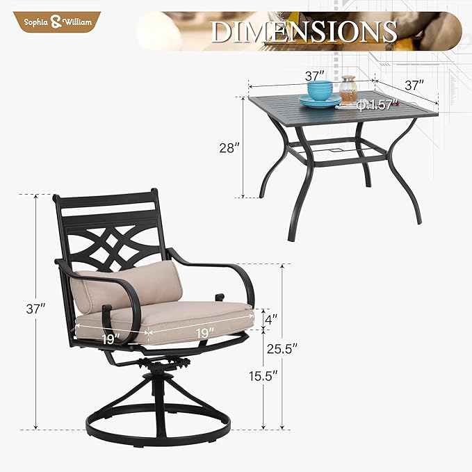 Sophia and William Swivel Patio Dining Set for 4, Outdoor Table and Chairs, Removable Seat Cushions, Black 37" Patio Dining Table SophiaWilliam
