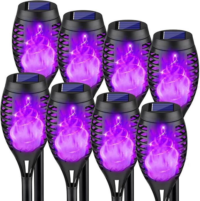 8Pack Halloween Decorations Outdoor, Halloween Solar Lights with Purple Flame for Yard Decor, Waterproof Solar Garden Lights for Outside Decor, LED Flame Torches for Pathway Yard Decorations Outdoor Kurifier