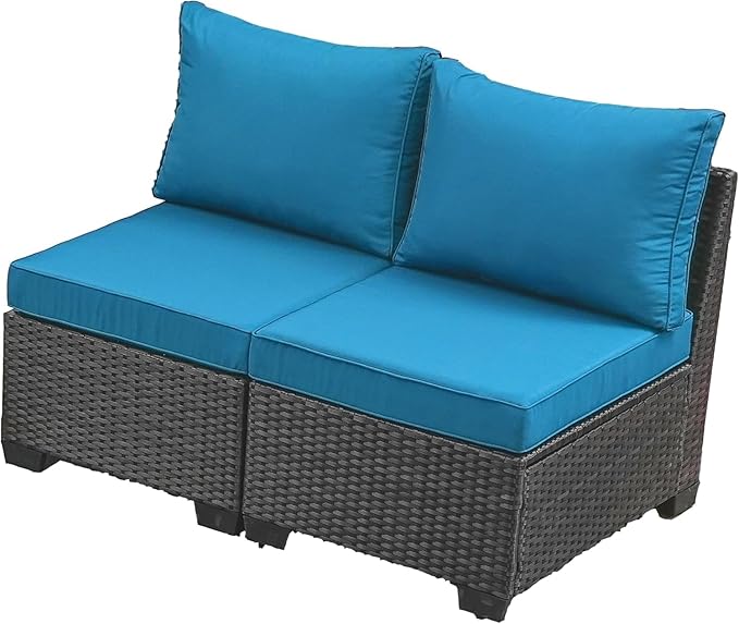 Jing's Villa 2 Piece Patio Wicker Armless Sofa, All-Weather Outdoor Sectional Sofa Set with Thick Seat Cushions and 2 Back Cushions for Garden Patio, Backyard, Poolside Peacock Blue JingsVillaOutdoorFurniture