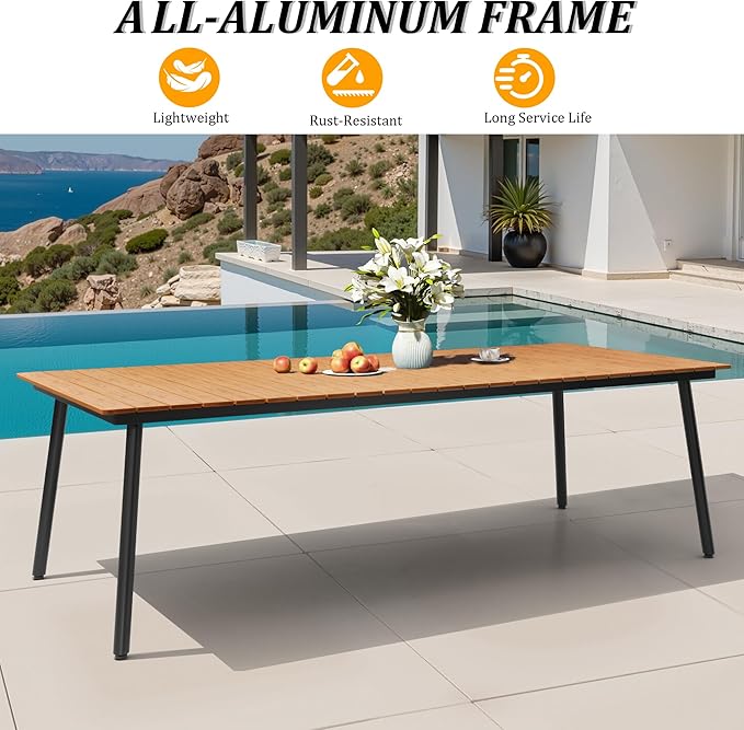 95" Patio Outdoor Dining Table for 8-10, Weather-Resistant Wood-Grain Top with Aluminum Frame & Umbrella Hole for Deck Gatherings, Brown VredHom