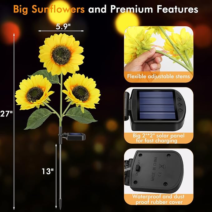 Solar Sunflower Lights, 800mA Solar Garden Light with Real Looking Flowers Outdoor Waterproof Solar Stake Lights for Back Yard, Flower Bed, Pathway, Patio, Porch, Spring Decoration (2 Pack) Meagoo
