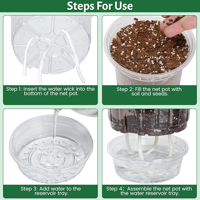 12 Pack 6.5 Inch Clear Self Watering Plant Pots with Bottom Water Tray & Watering Rope, Transparent Nursery Pots with Drainage for Seedlings, Herbs, and Houseplants Bluepro