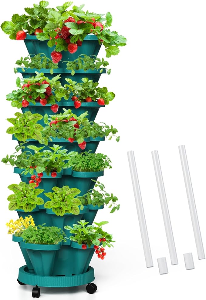 Strawberry Vertical Planters Tower Garden, 7 Tiered Stacking Herb Vegetable Planter with Support Pole Indoor and Outdoor - Hunter Green Tectsia