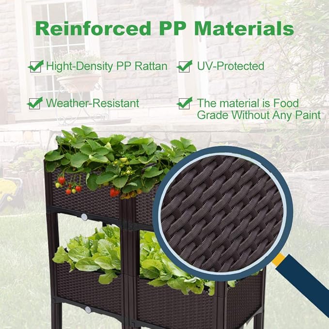 VINGLI Square Raised Garden Bed, Self-Watering Plastic Planter for Indoor Outdoor Vegetables, Fruits, Potato, Flowers, All Weather (4 Pcs) VINGLI